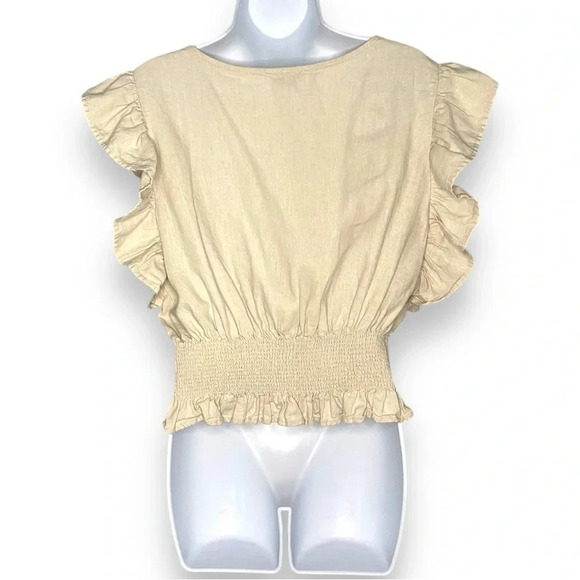 Cupcakes and Cashmere Beige Linen Blend Ruffle Sleeve Smocked Hem Blouse -Size L - Picture 5 of 7